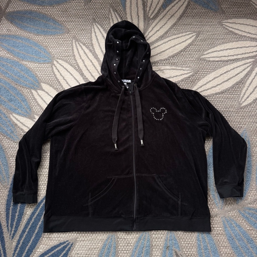 Disney‎ Parks Full Zip Mickey Mouse Black Velour Hoodie Rhinestones Size 3XL